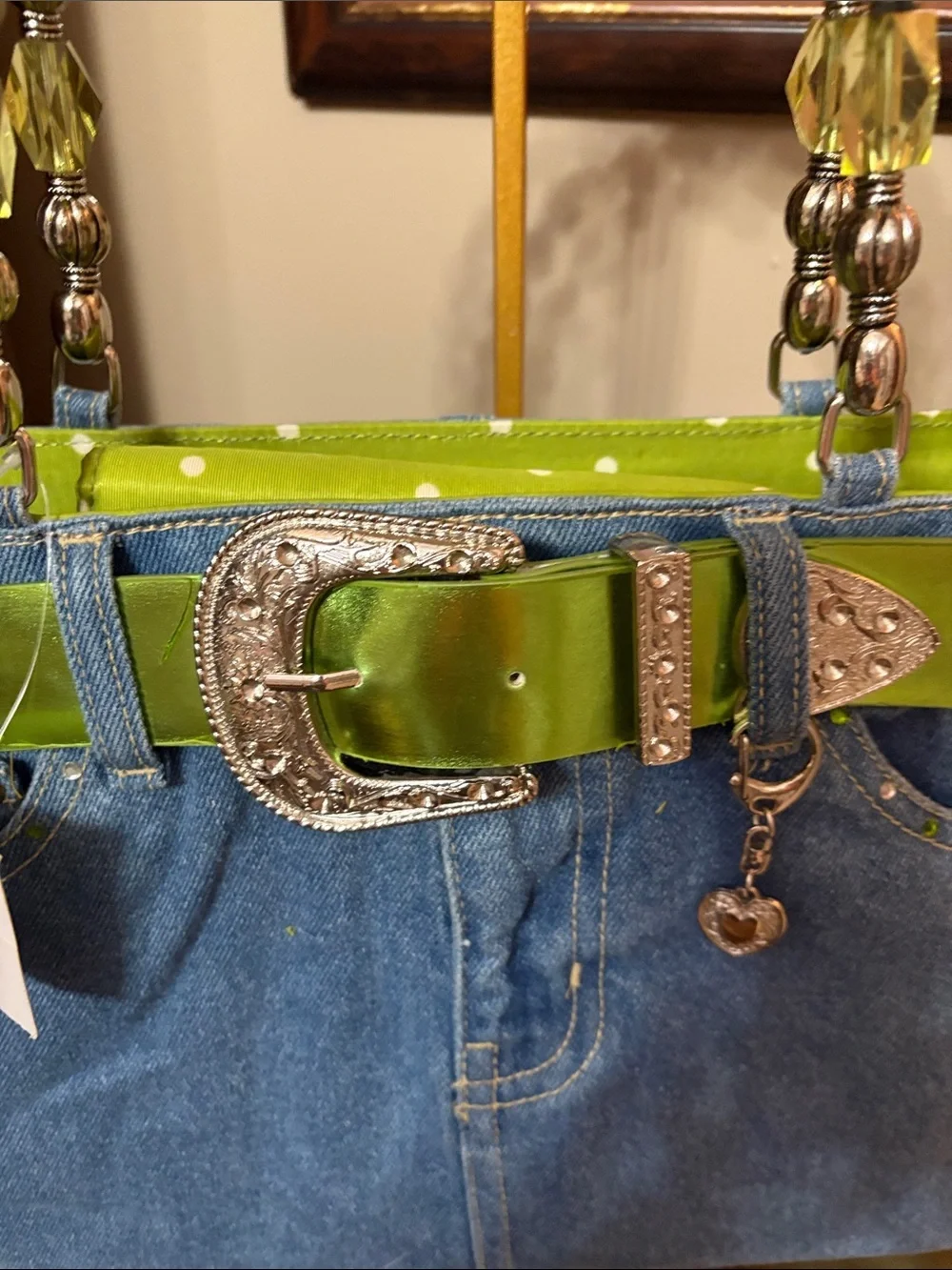 Denim Structured Tote with Lime Green Trim & Beaded Handles • Boutique Style • 2